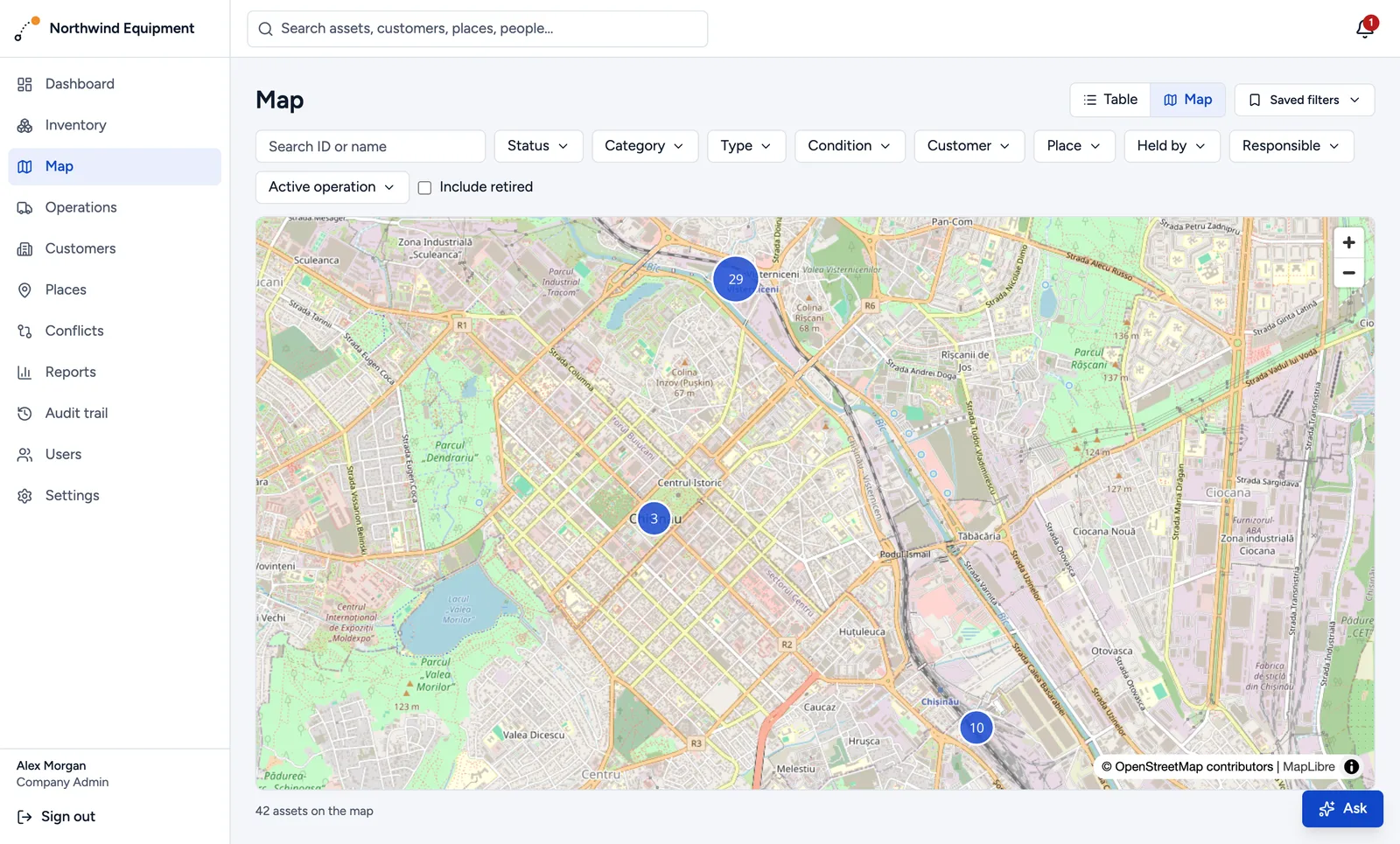 The map: clusters of assets at the main depot and on job sites around the city.